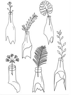 four vases with flowers and plants in them