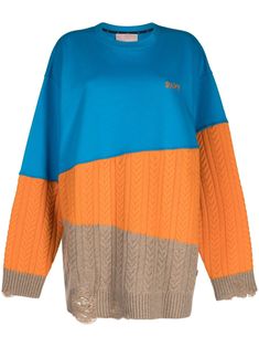 sky blue/carrot orange/beige panelled design colour-block design crew neck long sleeves straight hem Blue Contrast Color Sweatshirt For Fall, Orange Color Block Long Sleeve Sweater, Blue Color Block Long Sleeve Sweatshirt, Blue Sweatshirt With Contrast Color For Fall, Orange Color Block Crew Neck Sweater, Blue Patchwork Crew Neck Sweater, Relaxed Fit Color Block Long Sleeve Sweater, Blue Color Block Crew Neck Sweater, Blue Long Sleeve Patchwork Sweatshirt