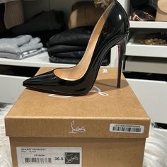 Shoes Only Worn Twice For About 2 Hours Each Time. Run Small So Most Likely Would Fit A Size 6 High-end High Heel Formal Heels, Luxury Patent Leather High Heels, Luxury High Heel Court Shoes With Wrapped Heel, Luxury Court Shoes With Wrapped High Heel, Luxury Round Toe Court Shoes For Night Out, High-end Black Pointed Toe Heels, Luxury Court Shoes With Branded Heel Counter, Luxury Court Shoes With Wrapped Heel And Round Toe, Luxury Court Shoes With Wrapped Heel