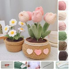 crochet potted planters with flowers and hearts