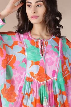 Shop for Archana Shah Pink Bamberg Crepe Floral Print Dress for Women Online at Aza Fashions Green Blouson Sleeve Dress For Spring, Spring Green Dresses With Blouson Sleeves, Spring Green Dress With Blouson Sleeves, Green Dresses With Blouson Sleeves For Spring, Multicolor Spring Dress With Gathered Sleeves, Spring Multicolor Dress With Gathered Sleeves, Multicolor Dress With Gathered Sleeves For Garden Party, Multicolor Dresses With Gathered Sleeves For Garden Party, Multicolor Midi Dress With Gathered Sleeves