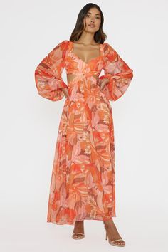 Maura Long Sleeve Lace-Up Back Dress Floral Orange Lace Up Back Dress, Tan Mules, Iron Material, Floral Print Maxi Dress, Floral Print Maxi, Sunday Brunch, Saddle Bag, Back Dress, Dress Floral