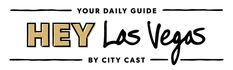 the words hey las vegas written in black and gold on a white background with an image of