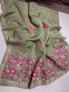 Organza french knott work with border Prebooking 15 days approximately Border Saree, French Knot, Organza Saree, Indian Sarees, Clothing Items, Favorite Outfit, Knot, Beauty Book, Art Collection