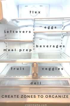 an open refrigerator with the words freezers, meat prep veggies and deli