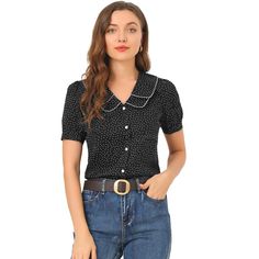 This vintage shirt with a peter pan collar and polka dots design add to the beauty and charm of a woman. Polka dots printed and peter pan collar bring casual romance to a puff-sleeve shirt. Suitable for daily casual, weekend gathering, dating, office and work. It is perfectly pair it with jeans or skirts for a retro and chic look. A puff sleeve and embroidered decor add ebullient charm to this polka dots top. Puff sleeve instantly elevates this retro shirt and make it a sophisticated choice for Polka Dot Collared Summer Tops, Summer Polka Dot Collared Tops, Spring Polka Dot Blouse With Collar, Polka Dot Short Sleeve Blouse For Work, Retro Polka Dot Short Sleeve Blouse, Polka Dot Collared Top For Spring, Trendy Polka Dot Short Sleeve Tops, Trendy Short Sleeve Tops With Polka Dot Pattern, Retro Polka Dot Collared Tops