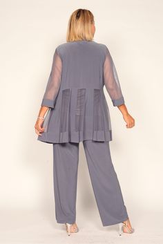 Look chic and fabulous in this beautiful plus size pant suit. The fashionable suit features a jacket with shear, 3/4 length sleeves, elegant slacks, and a beautiful blouse with a beaded neckline. Always classic, this pant suit will give you endless style and sophistication. Perfect for formal, evening party, church and other special occasion. Available in Plus Size and Petite Size Fabric : Poly SpandexLength : 51 inchesSleeve Style : SleevelessColor : Black, Royal, Plum, Navy, GraniteSizes : 6, Plus Size Pant Suits, Formal Pant Suits, Long Sleeve Satin Dress, Formal Pant, Plus Size Black Dresses, Long Fitted Dresses, Plus Size Formal, Formal Pants, Plus Size Formal Dresses