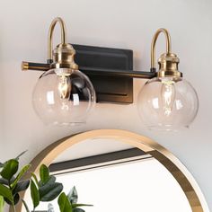 a bathroom light with two clear globes on the wall next to a mirror and potted plant