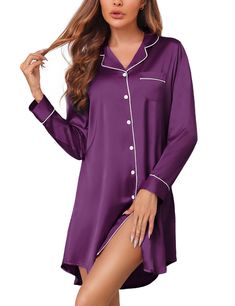 PRICES MAY VARY. 【Silk Pjs Material】This silk satin nightgown is made of 96% Polyester, and 4% Other Fibers. Soft, breathable, and skin-friendly nightshirt for women, perfect for sleeping or lounging at home. 【Boyfriend Nightshirt Style】Sleep shirts for women, Boyfriend nightshirts, Feature with notch collar, V neck button front, one chest pocket with contrast piping, knee length, and curved high-low hem design. The button down nightgown for women is easy to put on and take off, perfect for nurs Satin Finish V-neck Nightgown For Loungewear, Long Sleeve Buttoned Sleepwear For Pajama Party, Long Sleeve Summer Bedtime Robe, Elegant Satin Sleepwear For Sleepover, Long Sleeve Buttoned Nightgown For Bedtime, Satin Finish Long Sleeve Sleepwear For Night, Summer Long Sleeve Night Robe, Long Sleeve Buttoned Nightgown, V-neck Nightgown With Satin Finish For Loungewear