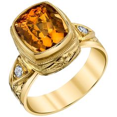 This meticulously detailed ring is a stunning statement piece! The warm tones of the vibrant, golden-orange zircon and the rich 18k yellow gold bezel are reminiscent of a sunset. The wide band complements the cushion shape of the zircon, and exquisite hand engraved quilted pattern along with two sparkling diamonds finish this ring to perfection. Handcrafted with care in 18k yellow gold by our Master Jewelers in Los Angeles, this ring will be one of your favorites as soon as you put it on! Ring s Rose Gold Diamond Band, Spinel Engagement Rings, Black Spinel Ring, Diamond Fashion Rings, Quilted Pattern, Diamonds Ring, Detailed Ring, Zircon Ring, Diamond Rings Bands