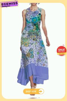 Women's Sleeveless Long Skirt Floral Stitching Printed Pocket Round Neck Dress Casual Sleeveless Patchwork Dress For Vacation, Casual Patchwork Sleeveless Dress For Vacation, Casual Patchwork Sleeveless Dress For The Beach, Patchwork Sleeveless Sundress For The Beach, Casual Sleeveless Patchwork Dress, Summer Vacation Sleeveless Patchwork Dress, Summer Vacation Sleeveless Dress With Patchwork, Summer Sleeveless Patchwork Maxi Dress, Purple Sleeveless Summer Dress