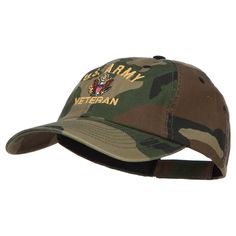 US Army Veteran Military Embroidered Enzyme Camo Cap.Made 60% cotton and 40% polyester.ONE SIZE FITS MOST with adjustable velcrorized strap closure, fitting up to XL.Front bill measures 3 inches long, pre curved.Crown measures 3 1/2 inches high, 6 panels.Same color under bill.Soft and light material .Hand wash only.Imported.CAP SKU: ew000dcLOC: W36S63E US Army Veteran Military Embroidered Enzyme Washed Camo Cap.1 small ventilation hole placed on each panel of crown.Unstructured crown.Bill is sti Us Army Veteran, Military Design, Army Veteran, Sticker Patches, Patch Design, Signature Look, Custom Hats, Velcro Straps, Ball Cap