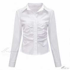 Elluis - Elegant Ivory Long Sleeve Shirt with a Chic Waist-Cinching Feature and Refined Design White Ruched Blouse For Fall, Spring Button-up Ruched Top, Spring Ruched Button-up Top, White Casual Ruched Blouse, Casual White Ruched Blouse, Sleeve Stencil, Body Building, Polo Collar, Cinched Waist