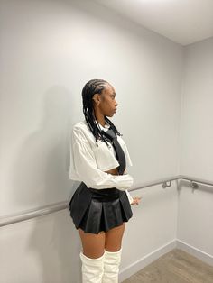 Black skater skirt outfit, white cropped blouse, white heeled boots #fashion #fashionmodel #outfitinspo #blackgirl White Blouse And Black Skirt Outfit, Cropped White Blouse Outfit, Skater Skirt Outfit Black Women, Short Flare Skirt Outfit, Leather Skirt Outfit Black Women, Crop Blouse Outfit, Black Skater Skirt Outfit, Flare Skirt Outfit, Short Flare Skirt