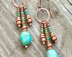 Turquoise earrings, boho copper jewelry, turquoise dangle earrings, beaded jewelry Rustic Copper Drop Earrings, Turquoise Artisan Electroformed Earrings, Rustic Turquoise Earrings For Gift, Rustic Turquoise Nickel Free Earrings, Rustic Turquoise Nickel-free Earrings, Earthy Turquoise Dangle Earrings, Earthy Turquoise Dangle Jewelry, Artisan Turquoise Earrings In Copper, Artisan Turquoise Copper Earrings