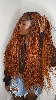 Ginger Twists With Curls, Ginger Boho Twists, Ginger Twists Black Women, Ginger Island Twist, Fall Hair Styles Black Women, Ginger Twist Braids, Box Dreads, Orange Hair Color Ideas, Orange Hair Color