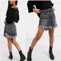 Free People Bailey Frayed Denim Mini Skirt In Black Wash High Waist Trendy Gray Bottoms With Frayed Hem, Edgy Cutoff Mini Skirt With Frayed Hem, Black Denim Cutoff Skirt With Pockets, Edgy Denim Skirt With Frayed Hem, Black Mini Denim Skirt For Fall, Gray Bottoms With Frayed Hem For Fall, Edgy Dark Wash Mini Skirt, Black Denim Skirt With Frayed Hem Grunge Style, Black Denim Skirt With Frayed Hem In Grunge Style