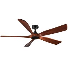 a ceiling fan that has wooden blades on it