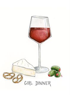 a drawing of a glass of red wine and some pretzels next to it