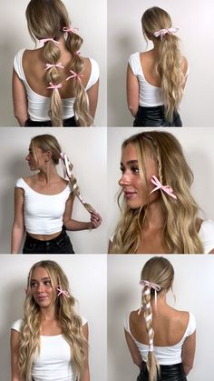 Bow hairstyle | bubble braids | bow era | pink ribbon | easy hairstyle | braids tutorial | hair extensions | long hair inspo | ballerina core | barbie hair ||| 22” Hybrid Weft Mix of Balayage 12/80 and Rooted 12/60 Hair Inspo With Bow, Bows Outfit Aesthetic, Little Bows In Hair, Ribbon On Hair Ideas, Pink Bows In Hair, Bow Hair Styling, Long Hairstyles With Bows, Cute Hair With Ribbon, Hairstyles With Pink Ribbon