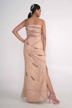 Shop for Merge Design Beige Modal Satin One Shoulder Gown for Women Online at Aza Fashions Embellished Floor-length One Shoulder Evening Dress, Embellished One Shoulder Evening Dress Floor-length, Embellished Fitted One Shoulder Dress For Wedding, Fitted Embellished One Shoulder Wedding Dress, Embellished Fitted One-shoulder Wedding Dress, Formal Embellished One Shoulder Floor-length Dress, Formal Floor-length Embellished One Shoulder Dress, Embellished Gown With Asymmetrical Neckline For Evening, Elegant One Shoulder Festive Gown