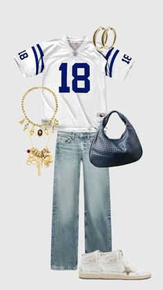 a football jersey, jeans and handbag are featured in this fashion advertiser's photo