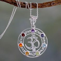 Multi-gemstone chakra necklace, 'Om Magnificence' - 6.3 Cts Multi-gemstone Medallion Necklace 3rd Eye Chakra, Om Necklace, Crown Pendant Necklace, Yellow Necklace, Red Pendants, Symbol Necklace, Chakra Necklace, 3rd Eye, Red Necklace