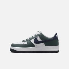 Style No. HF5178-300 Color: Obsidian/Vintage Green/White Originally an all-star on the basketball court, this sneaker is now a superstar on the playground. Plus, durable leather and Nike Air cushioning give you the timeless style and comfort that continues to make the AF1 a slam dunk. Nike Air Force 1 Big Kids' Shoes. Sporty Jordan Shoes With Gum Sole, Throwback Skate Shoes With Gum Sole For Sports, Sporty Jordan Shoes With Gum Sole For Sports, Casual Basketball Sneakers With Gum Sole, Green Throwback Sneakers For Streetwear, Throwback Basketball Sneakers With Gum Sole, Green Sporty Basketball Shoes For Streetwear, Sporty Green Basketball Shoes For Streetwear, Nike Casual Basketball Sneakers