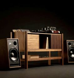 two speakers and a record player in front of a wooden cabinet with records on it