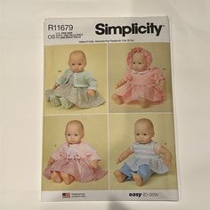 the sewing pattern for baby doll dresses and bonnets is shown in four different styles