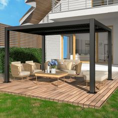 an outdoor living area with patio furniture and wooden decking