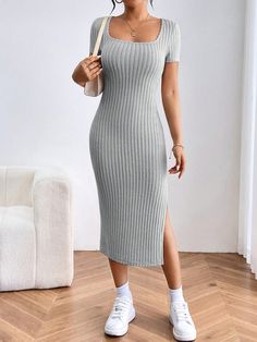 Short Sleeve Solid Color Ribbed Knit Split Thigh Bodycon Dress Light Grey Casual  Short Sleeve Fabric Plain Bodycon Medium Stretch Spring/Summer Women Clothing, size features are:Bust: ,Length: ,Sleeve Length: Rib Fabric Dress, Casual Bodycon Dress With Square Neck, Summer Knit Fitted Bodycon Dress, Casual Ribbed Bodycon Party Dress, Casual Bodycon Dress With Straight Neckline, Summer Ribbed Short Sleeve Bodycon Dress, Summer Ribbed Bodycon Dress With Short Sleeves, Fitted Knee-length Knit Bodycon Dress, Ribbed Square Neck Bodycon Dress