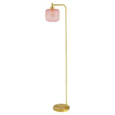 a gold floor lamp with a pink shade