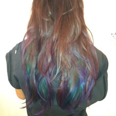 Rainbow Tips Hair, Oil Spill Hair Brunettes, Rainbow Hair Streaks, Pigeon Hair, Oil Spill Hair, Rainbow Highlights, Hair Chalk, Hair Streaks, Colorful Hair