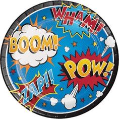 a paper party plate with the words boom and pow in comic pop art on it