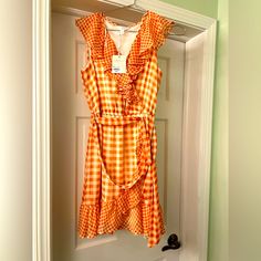 Nwt Lc Lauren Conrad April Dress Item Details 100% Polyester Short Sleeve V-Neck Mini Silhouette Checkered Pattern Ruffle Accents, Frills & Ruffles Multi Color, Orange Wedding Short Size S 31" Chest, 35" Length Orange Knee-length Mini Dress For Summer, Orange Ruffle Mini Dress For Vacation, Orange Knee-length Mini Dress For Spring, Orange Knee-length Mini Dress For Day Out, Orange Knee-length Beach Dress, Knee-length Orange Beach Dress, Orange V-neck Mini Dress For Summer, Summer Orange V-neck Mini Dress, Orange V-neck Mini Dress For Vacation