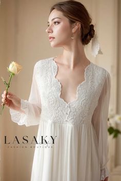 Lasaky - Elegant Vintage Palace Princess Nightgown Featuring Exquisite Lace and Intricate Embroidery Lace Patchwork Gown For Wedding Night, Delicate White Nightgown For Sleep, Lace Long Sleeve Nightgown, Long Sleeve Lace Trim Nightgown For Wedding, Elegant Long Sleeve Lace Nightgown, Wedding Nightgown With Lace Trim And Long Sleeves, Long Sleeve Lace Trim Wedding Nightgown, White Lace Long Sleeve Nightgown, Feminine Wedding Nightgown With Lace Patchwork