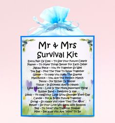 a sign that says mr and mrs survival kit in front of a pink background with blue ribbon