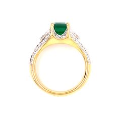 This exemplary Emerald Ring is from the Spark One-of-a-Kind collection and is accented by .94 ctw of brilliant Diamonds set along the side and shank of this fabulous 1.32ct Emerald. The gemstone and ring are set in 18 Karat Yellow Gold while White Gold frames the sparkling Diamonds. The richness of the Zambian Emerald can only truly be appreciated in person. It is accompanied by a One-of-a-Kind certificate from Spark Creations. This ring is in-stock in a 6.25 finger size. Most ring styles can be Fine Jewelry Diamond Ring With Asscher Cut Accent Stones, Fine Jewelry Asscher Cut Diamond Ring With Accent Stones, Exquisite Pave Setting Emerald Anniversary Ring, Dazzling Diamond Emerald Ring With Accent Stones, Dazzling Emerald Ring With Diamond Accent Stones, Emerald Rings With Diamond Accents Round Cut, Luxury Princess Cut Diamond Ring With Accent Stones, Round Emerald Ring With Pave Diamond Setting, Timeless Emerald-cut Diamond Ring With Pave Setting