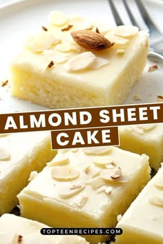 almond sheet cake on a plate with the words almond sheet cake overlaying it