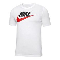 Nike M Nsw Tee Icon Futura Casual Sports Alphabet Printing Round Neck Short Sleeve White AR5004-100 (Men's) Nike Sports T-shirt With Logo, Sporty Logo T-shirt For Sports, White Workout T-shirt With Logo Print, Sportswear Cotton Tops With Letter Print, Crew Neck T-shirt For Sports Season, Sporty Cotton Tops With Logo, Nike Crew Neck Graphic Print Tops, Nike Crew Top With Letter Print, Nike Cotton Top With Logo