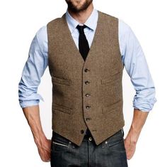 Sleeveless Vest With Buttons For Fall, Formal Sleeveless Winter Vest, Formal Winter Sleeveless Vest, Wool Vest With Pockets For Work, Fitted Winter Vest With Pockets, Winter Workwear Vest With Welt Pockets, Single Breasted Semi-formal Winter Vest, Winter Semi-formal Single Breasted Vest, Semi-formal Vest Outerwear For Fall