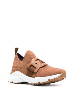 Brown chain-link detail slip-on sneakers from TOD'S featuring knitted upper, chain-link detailing, sock-style ankle, pull-tab at the heel, round toe, slip-on style and rubber sole. Knit Sneakers, Brown Sneakers, Fashion Socks, Nike Huarache, Platform Sneakers, Leather Chain, Slip On Sneakers, Leather Working, Top Sneakers