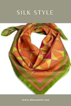 This Mod flower print silk scarf will bring a 60s garden vibe to your wardrobe and is just the right size. Wear around your neck or head bandana style, or tie to your bag for office and travel. The original design with a mid-century-inspired orange and pink flower design is printed on soft habotai silk. It will add a splash of color to any season and is truly an artistic and unique fashion scarf. Vintage Silk Scarf For Spring, Multicolor Silk Headscarf For Spring, Pink Square Silk Scarf For Spring, Pink Silk Square Scarf For Spring, Square Silk Scarf For Spring, Spring Square Silk Scarf, Multicolor Silk Headscarf For Summer, Multicolor Floral Print Headscarf For Spring, Summer Multicolor Silk Headscarf