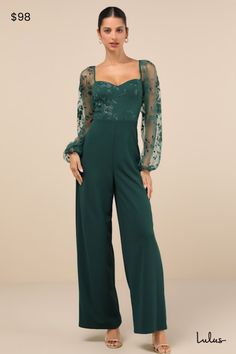 You'll strut your way into everyone's heart in the Lulus Darling Charisma Emerald Mesh Embroidered Jumpsuit! Elegant floral-embroidered mesh shapes a sweetheart neckline (with hidden no-slip strips) and long, sheer balloon sleeves (with elasticized shoulders and cuffs) that can be styled on or off the shoulders. The high, fitted waist tops crepe knit pants with a wide-leg silhouette and full-length hems. Hidden back zipper/clasp. Fit: This garment fits true to size. Length: Floor length. Size me Forest Green Jumpsuit Wedding, Bridesmaid Pantsuit, Officiant Attire, Formal Wedding Guest Attire, Jumpsuit Wedding Guest, Green Outfits For Women, Jumpsuit For Wedding Guest, Semi Formal Outfits, Embroidered Jumpsuit