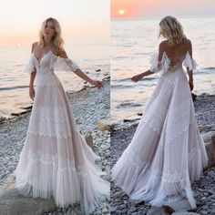 two photos of a woman in a white dress on the beach, one is holding her hand out