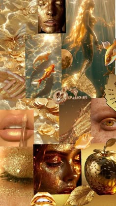 an artistic collage with gold and white images