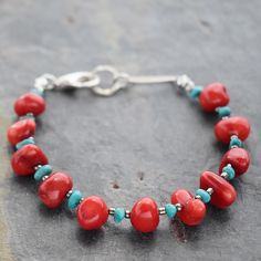 Chunky Red Coral Turquoise Bracelet  With beautiful natural turquoise gemstones, red bamboo coral, silver glass seed beads, and silver pewter links & end beads. a perfect nature-inspired gift for a loved one, a special friend, or just for you! DETAILS  ♥  Bracelet is 7.1/42 inches in length. ♥  All of my pewter is lead-free. ♥  I use all-natural gemstones and freshwater pearls. SHIPMENT & DELIVERY ♥  All my items are ready to ship within 1-3 business days. ♥  Packages are typically shipped via U Nickel Free Red Bohemian Bracelets, Nickel-free Red Bohemian Bracelets, Red Nickel-free Bohemian Bracelets, Red Bohemian Nickel-free Bracelets, Red Sterling Silver Beaded Bracelets, Handmade Southwestern Red Beaded Bracelets, Bohemian Red Beaded Bracelets With Silver Beads, Bohemian Red Beaded Bracelet With Silver Beads, Southwestern Style Red Beaded Bracelets For Gift