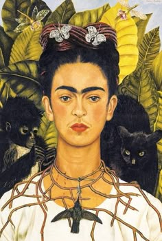 a painting of a woman with flowers in her hair and a bird on her shoulder