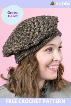 a woman wearing a crochet hat with the text free crochet pattern